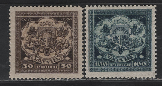 Lot 292 Latvia SC#111-112 50r - 100r Dark Brown & Pale Brown - Dark Blue & Pale Blue , 1921-1922 Arms & Stars - Coat of Arms Issues, 2 VFOG Singles