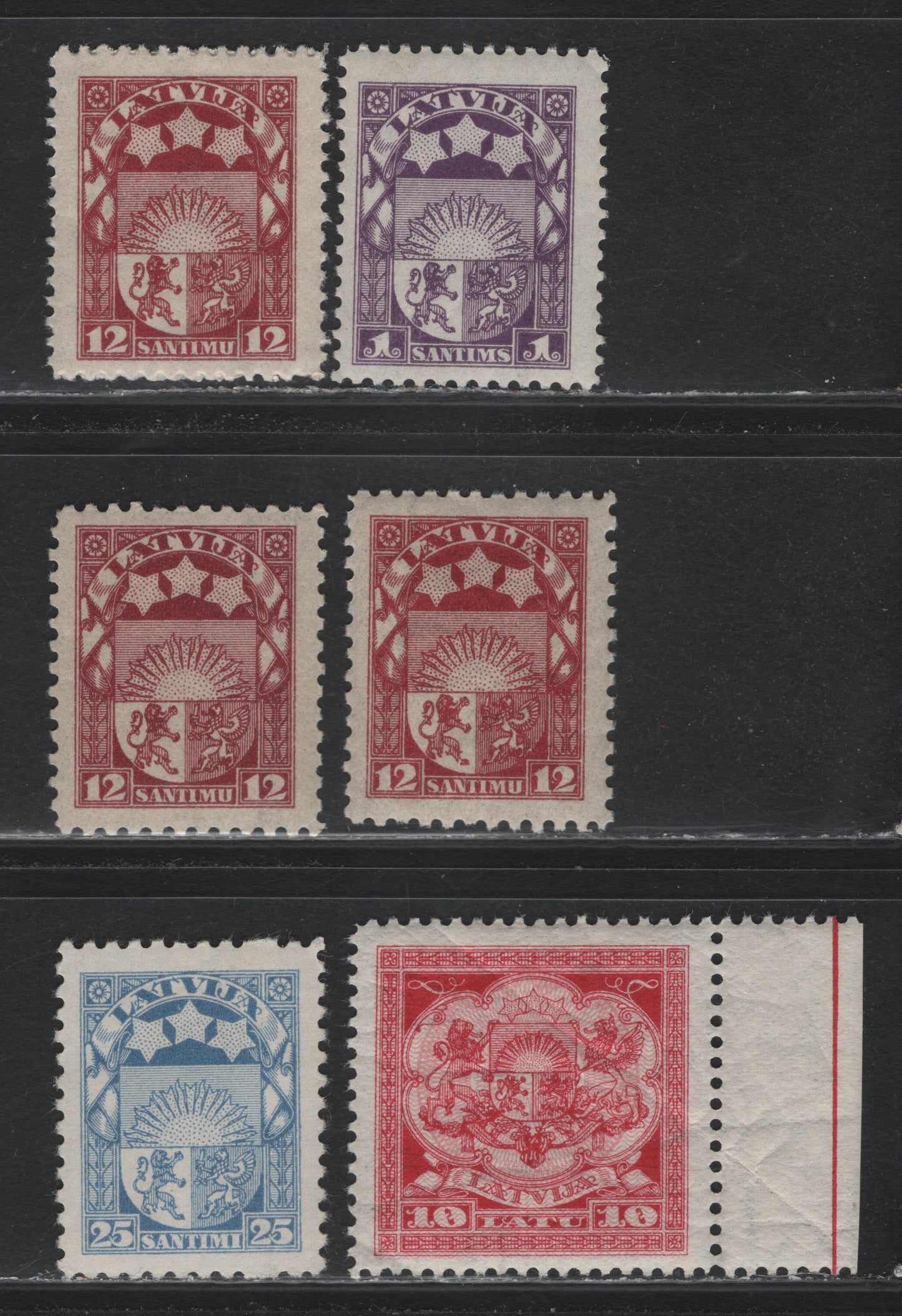Lot 293 Latvia SC#113, 119, 122, 131 1s - 10l Violet - Carmine Rose & Pale Rose , 1923-1925 Arms In Santim/Later Currency Issue, 5 F/VFNH Singles, Perf 11.5 (1s, 10l, 12s) & Perf 10 (12s - 2 shades) and 25s
