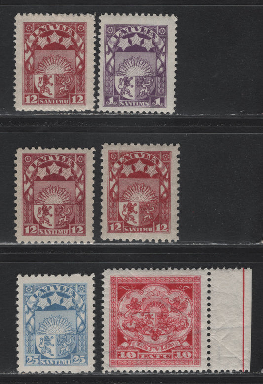 Lot 293 Latvia SC#113, 119, 122, 131 1s - 10l Violet - Carmine Rose & Pale Rose , 1923-1925 Arms In Santim/Later Currency Issue, 5 F/VFNH Singles, Perf 11.5 (1s, 10l, 12s) & Perf 10 (12s - 2 shades) and 25s