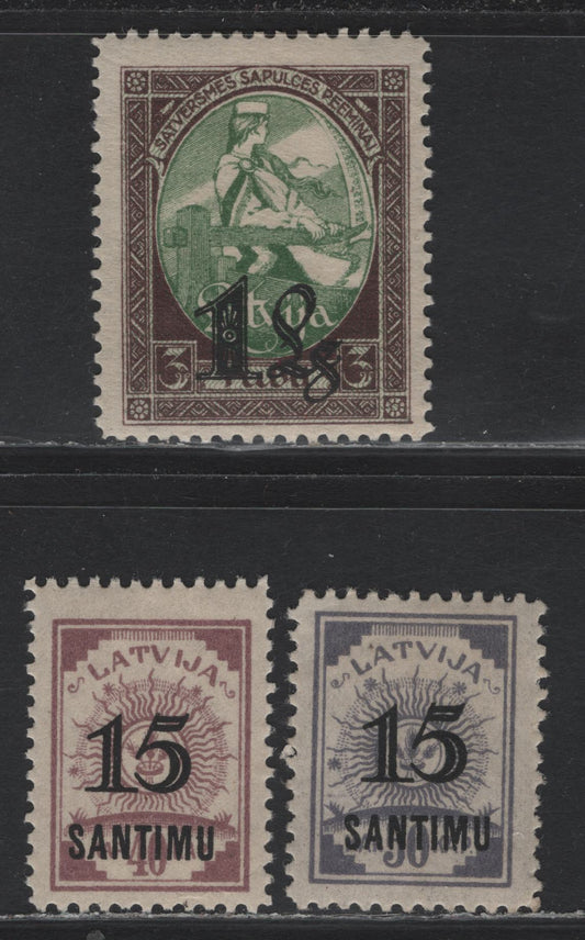 Lot 294 Latvia SC#132-134 15s on 40k - 1l on 3r Lilac - Brown & Green , 1927 Surcharged Issue, 3 FOG Singles