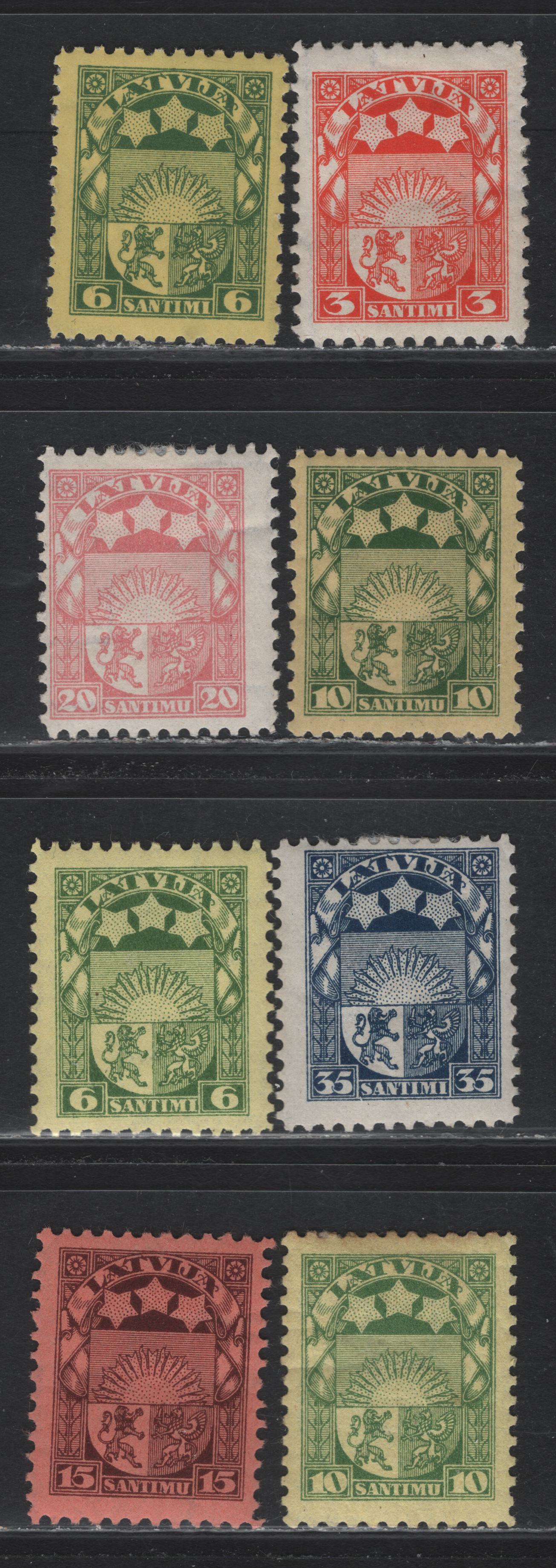 Lot 296 Latvia SC#138, 141, 144 3s - 15s Orange Red - Brown on Salmon , 1927-1933 Arms Issue, 8 F/VFOG Singles, Swastika's Wmk
