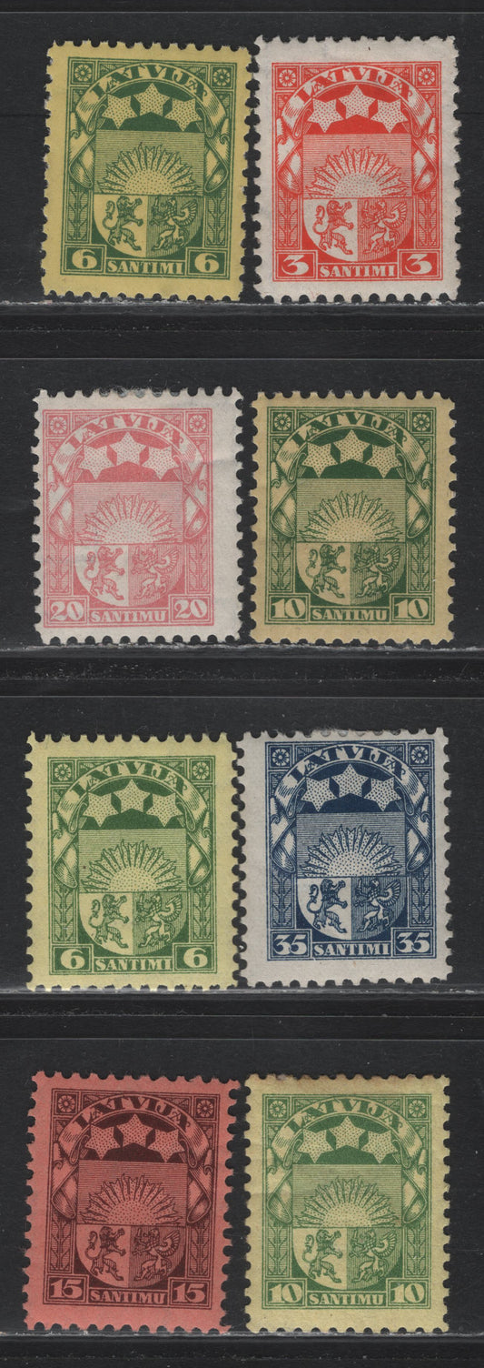 Lot 296 Latvia SC#138, 141, 144 3s - 15s Orange Red - Brown on Salmon , 1927-1933 Arms Issue, 8 F/VFOG Singles, Swastika's Wmk