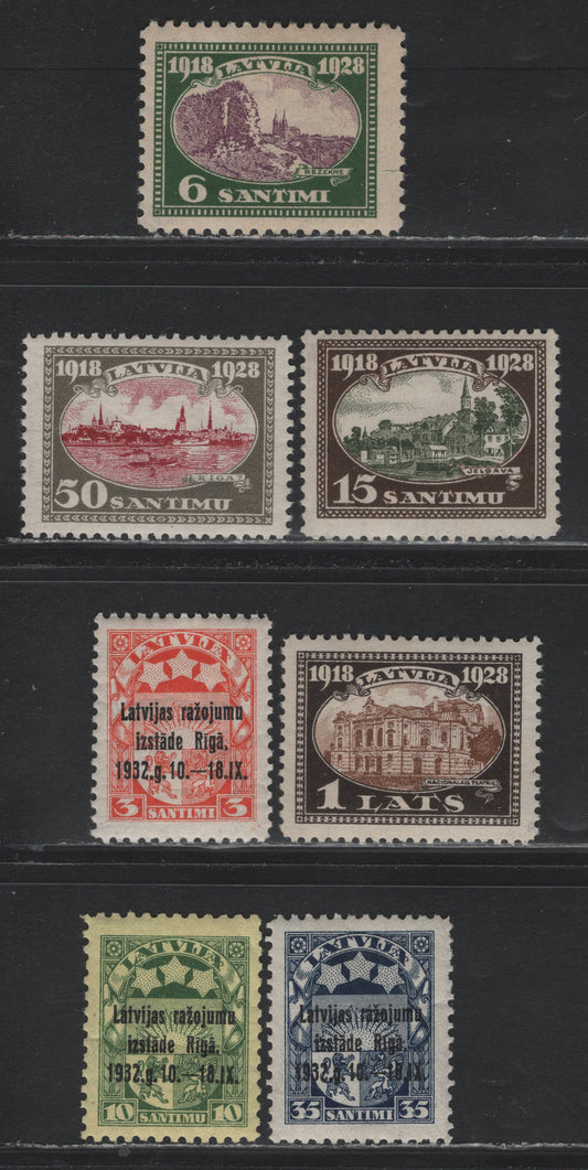 Lot 297 Latvia SC#158-159, 162-165, 167 6s - 35s Deep Green & Violet - Dark Blue , 1928-1932 10th Anniv of Latvian Independence - Riga Exhibition Issue, 7 F/VFOG Singles, Perfs 11.5 & 10