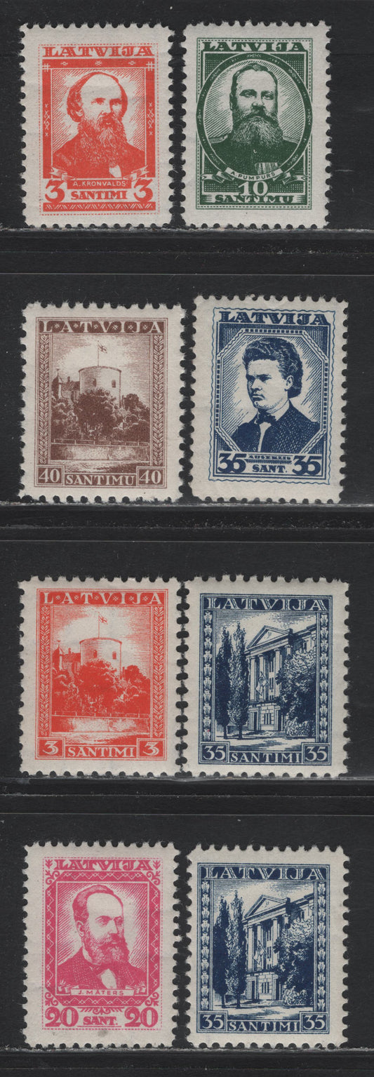 Lot 299 Latvia SC#174, 178-183 3s - 35s Red Orange - Dark Blue , 1934-1936 Pictorial - Portraits Issues, 7 F/VFNH Singles, Perf 10.5, 10 & 11.5