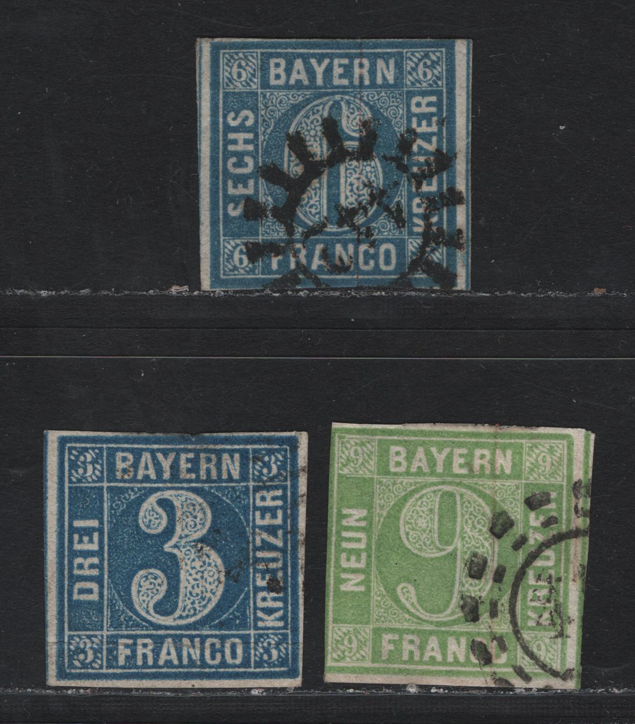 Lot 3 Bavaria SC#2, 6b, 11a (Michel# 2II2, 5fIII, 10a) 3kr - 6kr Blue , 1849-1858 Numeral Issue, 3 Very Good/Fine Used Singles, 3kr Is Plate 2, 6kr Has #142 Closed Millwheel Cancel For Fussen