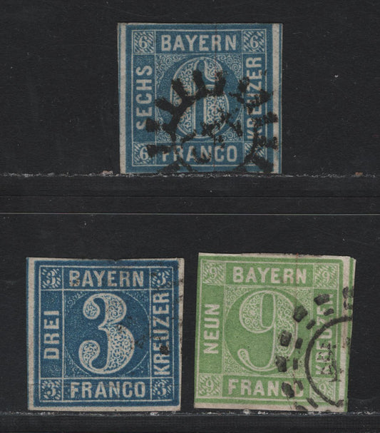 Lot 3 Bavaria SC#2, 6b, 11a (Michel# 2II2, 5fIII, 10a) 3kr - 6kr Blue , 1849-1858 Numeral Issue, 3 Very Good/Fine Used Singles, 3kr Is Plate 2, 6kr Has #142 Closed Millwheel Cancel For Fussen