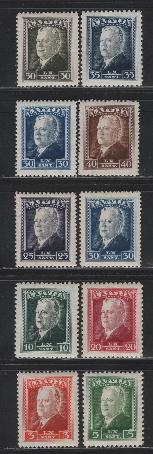 Lot 303 Latvia SC#184-192 3s - 50s Orange Red & Brown Orange - Olive Black , 1937 60th Birthday of President Ulmans Issue, 10 VFNH Singles, Perfs 11.5 & 10, Includes 2 Shades of 30s
