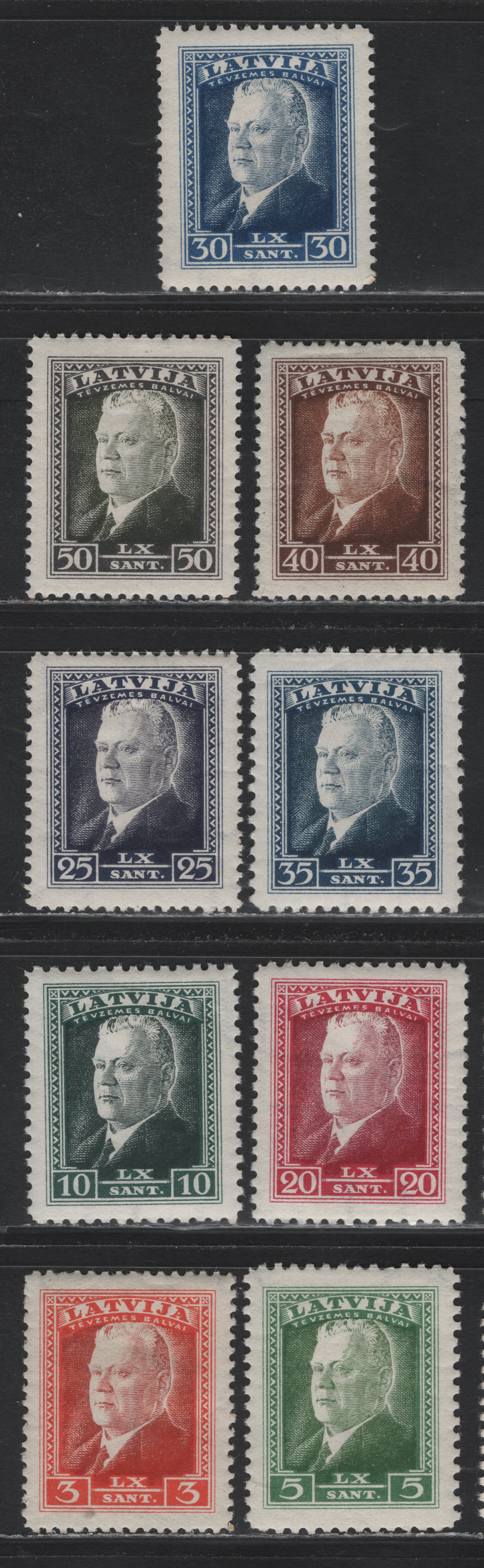 Lot 306 Latvia SC#184-192 3s - 50s Orange Red & Brown Orange - Olive Black , 1937 60th Birthday of President Ulmans Issue, 9 VFOG Singles, Perf 11.5 Except 5s, 10s, 20s & 35s