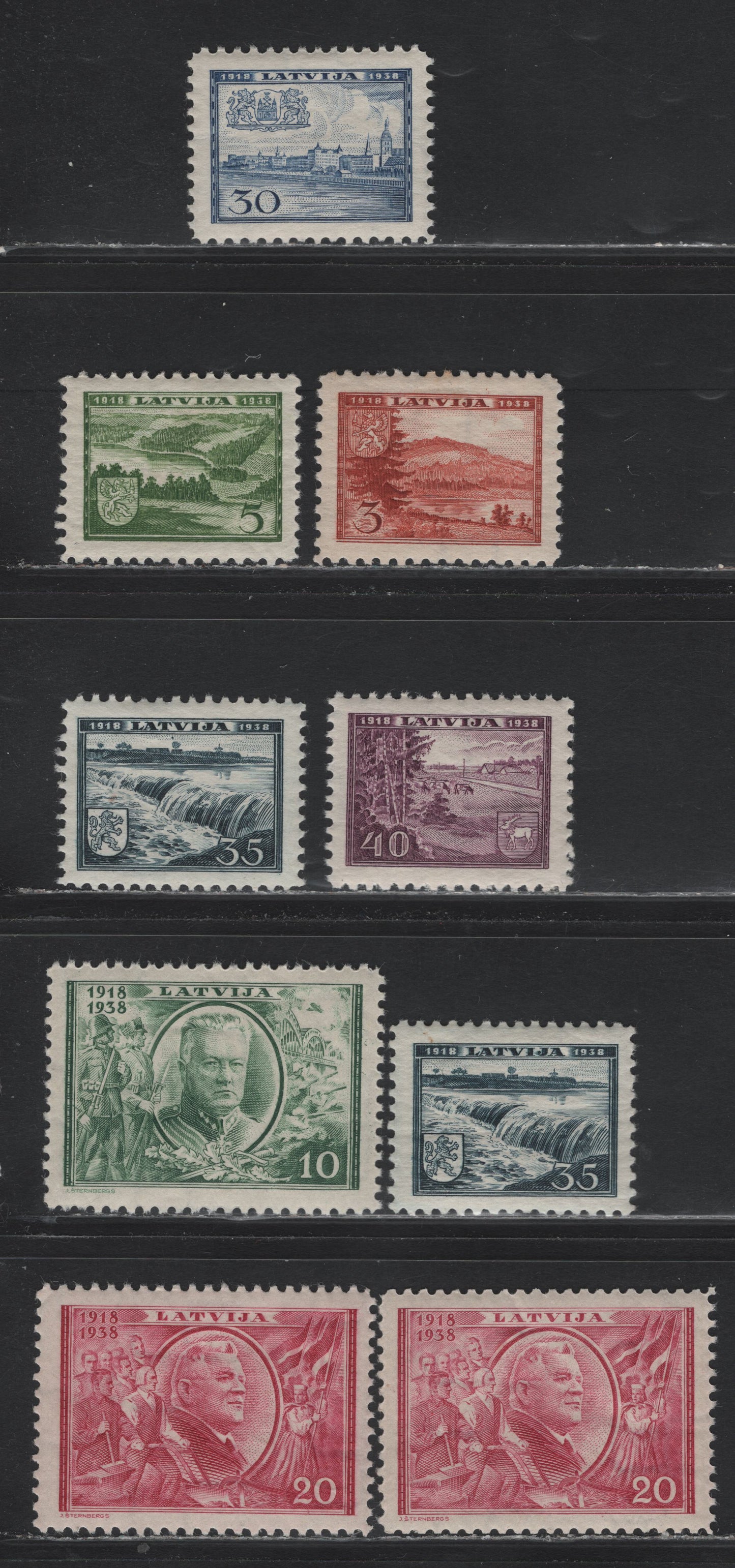 Lot 309 Latvia SC#200-206 3s - 40s Brown Orange - Rose Violet , 1938 20th Anniv of Republic, 7 F/VFNH Singles, Perfs 10 (3s, 10s, 35s & 20s) & 10.5x10 (5s, 35s, 20s, 30s, 40s)