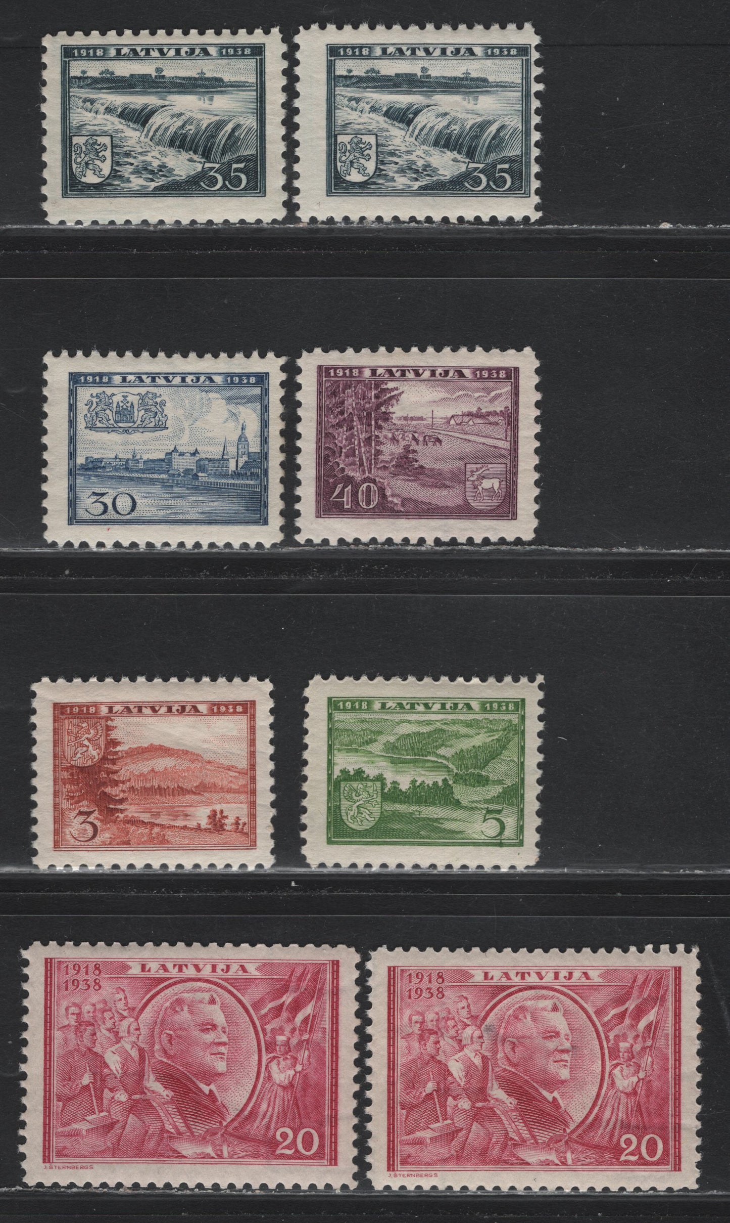 Lot 310 Latvia SC#200-201, 203-206 3s - 40s Brown Orange - Rose Violet , 1938 20th Anniv of Republic, 6 F/VFNH Singles, Perfs 10 (35s, 3s, 20s) & 10.5x10 (5s, 20s, 30s, 35s, 40s)