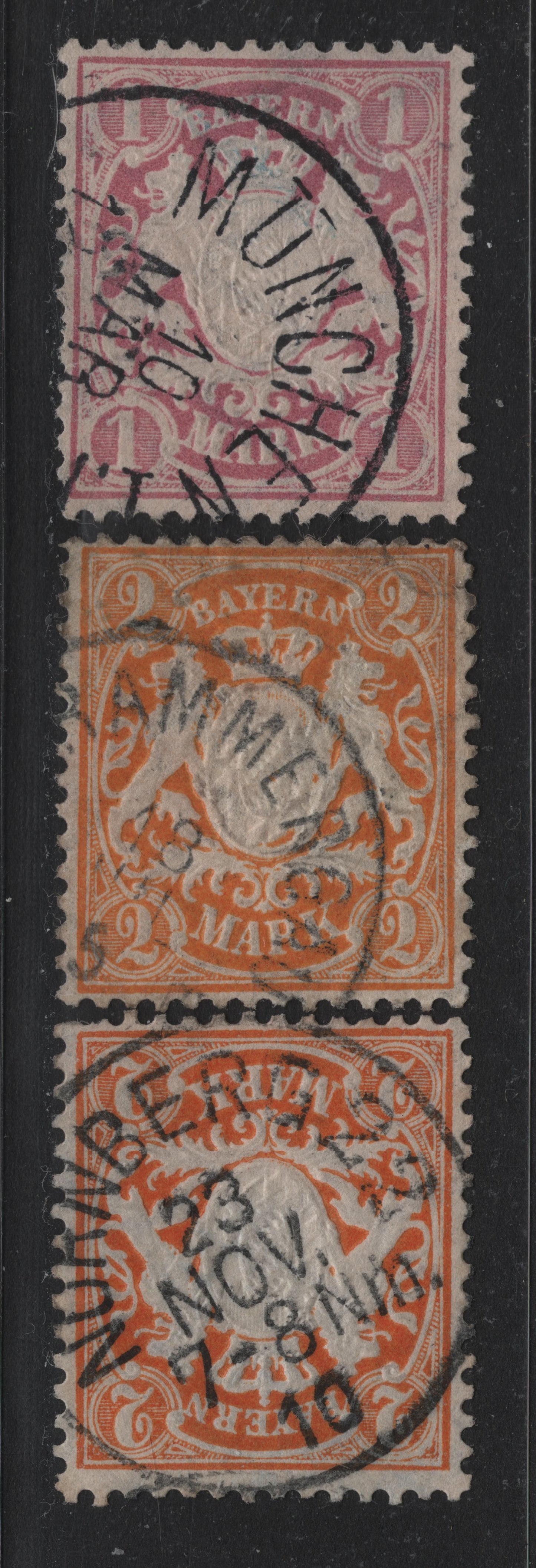 Lot 31 Bavaria SC#54-55 (Michel# 53Ya, 64y) 1m Rose Lilac - Reddish Orange & Yellow Orange , 1881-1911 Embossed Arms Issue, 3 Fine/Very Fine Used Singles, Wavy Vertical Lines Wmk