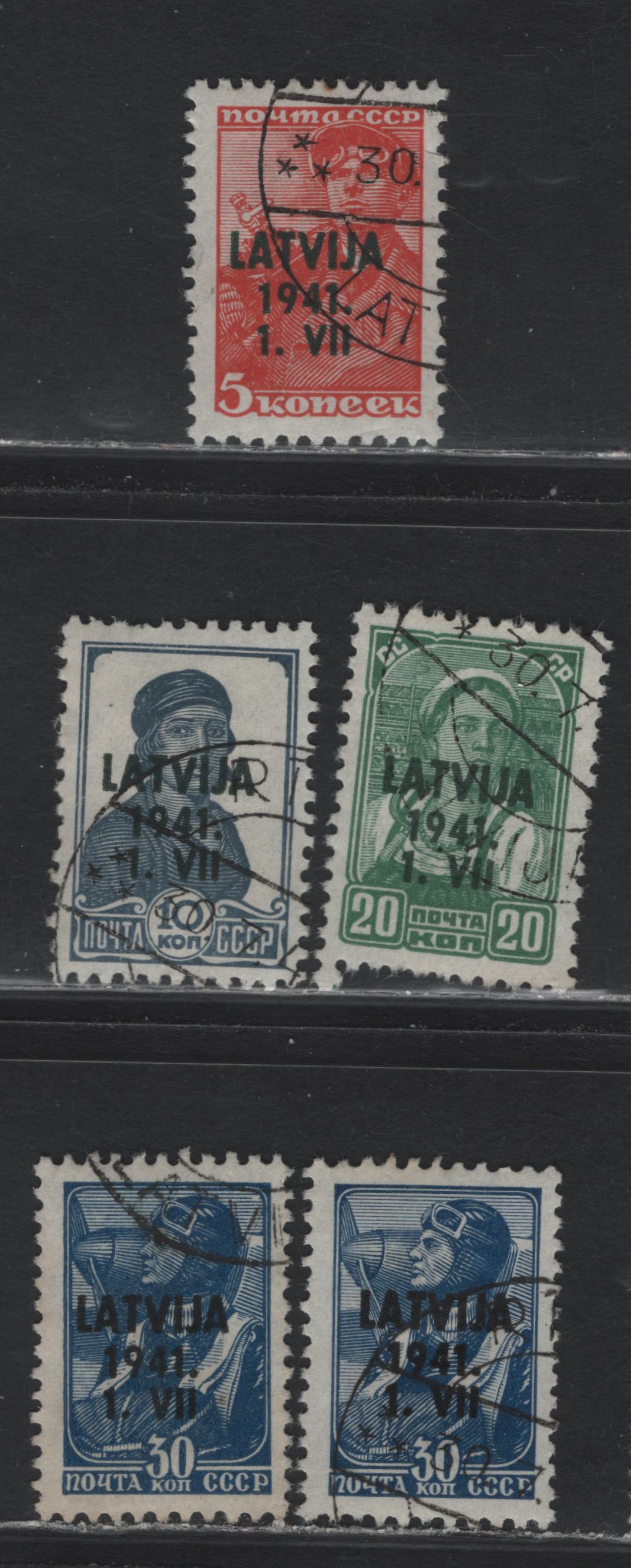 Lot 316 Latvia SC#1N14-1N15. 1N17-1N18 5k - 30k Red - Deep Blue , 1941 German Occupation Overprinted Russian Worker Definitives, 5 Very Fine Used Singles, Includes 2 Shades Of 30k