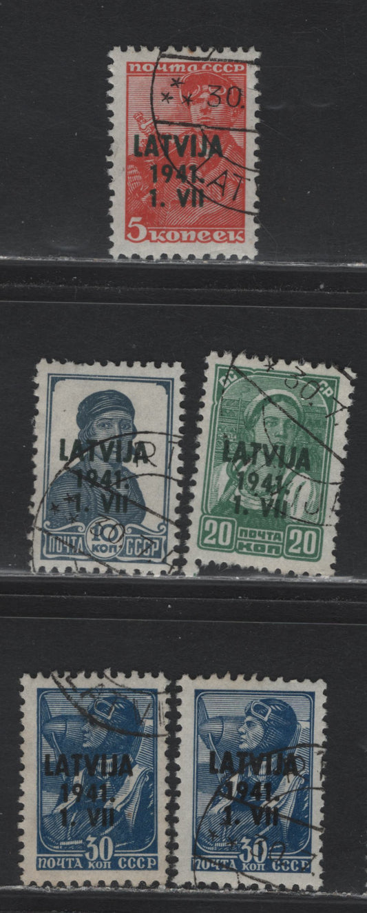 Lot 316 Latvia SC#1N14-1N15. 1N17-1N18 5k - 30k Red - Deep Blue , 1941 German Occupation Overprinted Russian Worker Definitives, 5 Very Fine Used Singles, Includes 2 Shades Of 30k