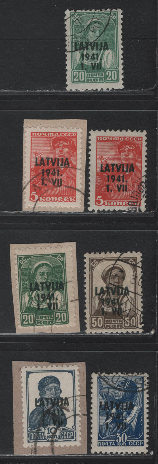 Lot 318 Latvia SC#1N14-1N15, 1N17-1N19 3k -50k Red - Deep Brown , 1941 German Occupation Overprinted Russian Worker Definitives, 7 Fine/Very Fine Used Singles, Includes Two Shades of 5d & 20k