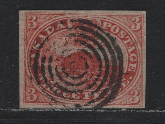 Lot 319 Canada #4 3d Red , 1852-1857 Pence Issue, A Very Good Used Single, Moderate 7-Ring Target Cancel, Sealed Tear At Right, From 'T' Of Postage Through Right Frameline.