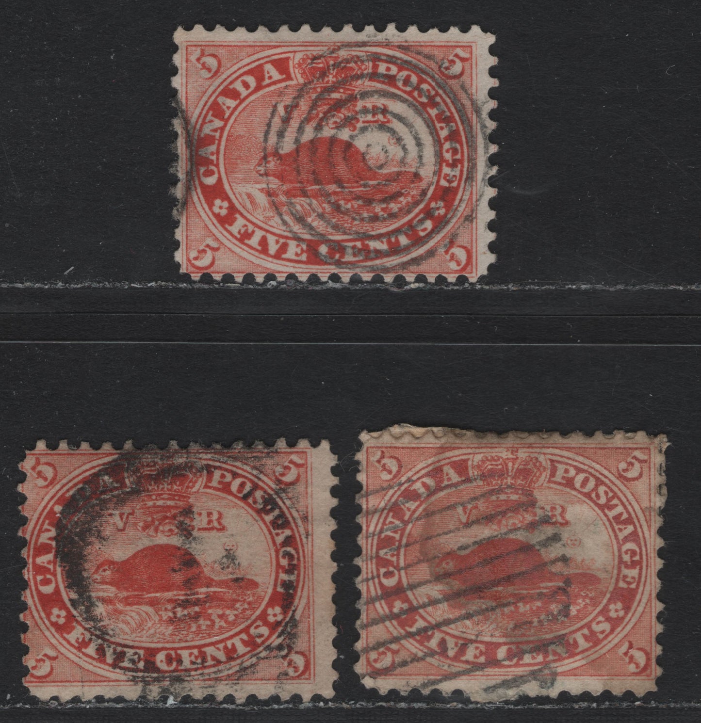 Lot 328 Canada #15 5c Vermillion & Dull Vermillion , 1859-1864 First Cents Issue, 3 Good/Very Good/Fine Used Singles, Unidentified Papers, Perfs 12x11.75, 12.1x12 & 11.75x12, Target Cancel Stamp Has A Deep Thin, Printings From 1862-1863 & 1865-1866.