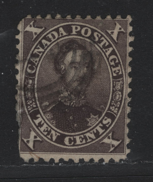 Lot 329 Canada #16 10c Black Brown , 1859-1864 First Cents Issue, A Fair Used Single, Light Cancel With 2018 Gratton Cert, Regrettably It Is Damaged