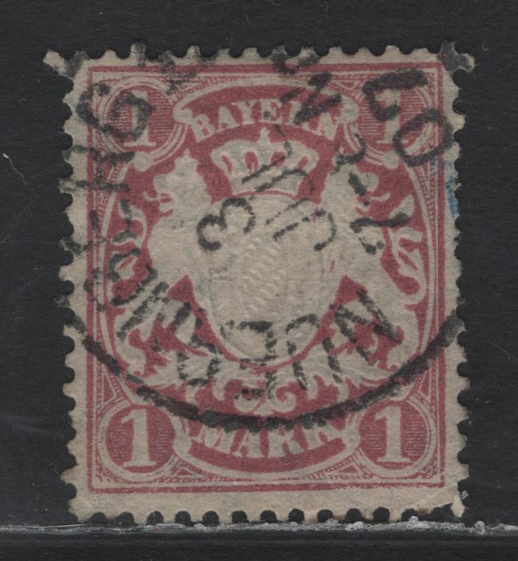 Lot 33 Bavaria Michel#53Yb (SC# 54c) 1m Brownish Lilac , 1881-1911 Embossed Arms Issue, A Very Good Used Single, White Paper, July 3 1907 Nuremburg CDS, Small Corner Crease At LR.