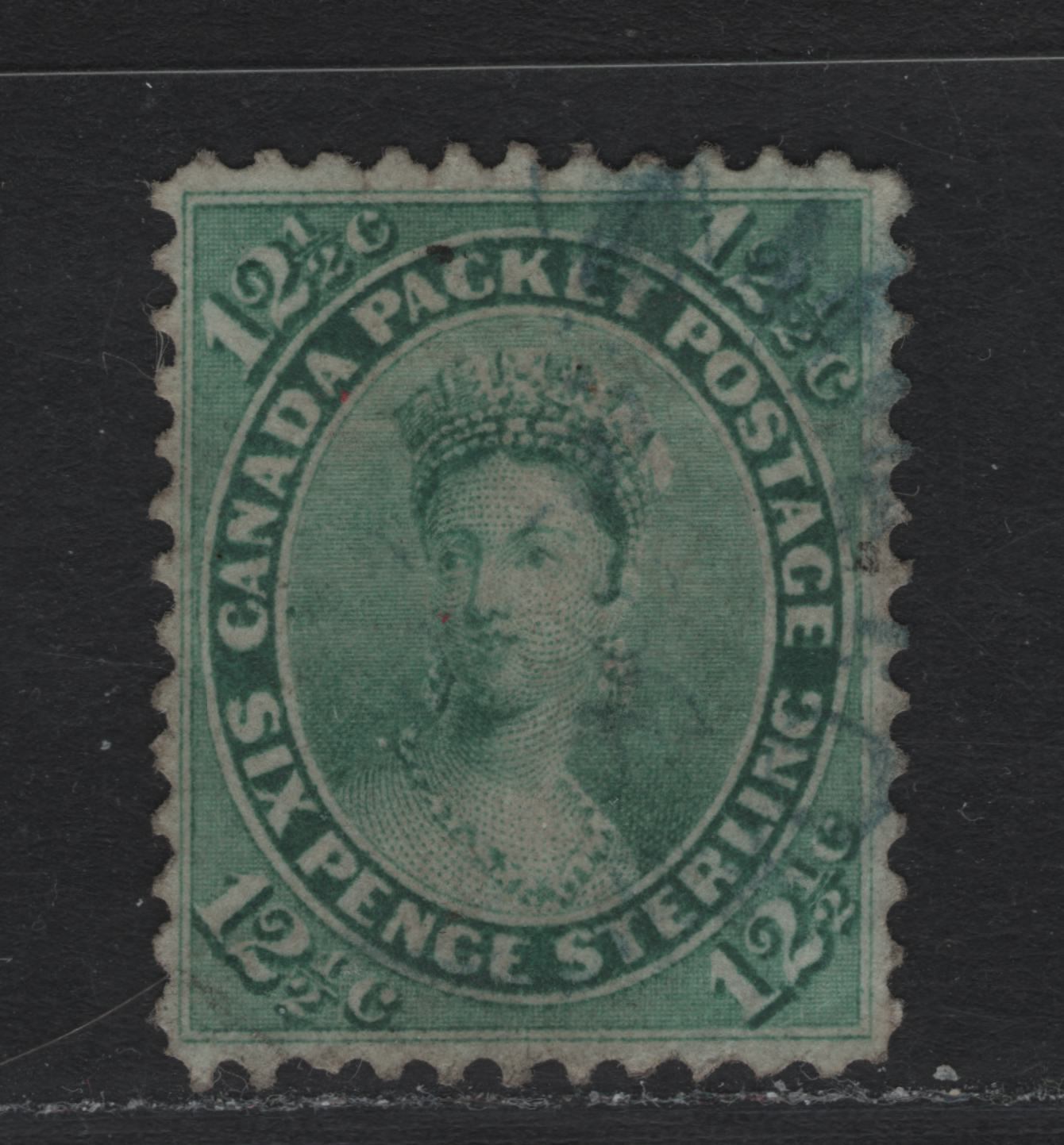 Lot 334A Canada #18a 12.5c Blue Green , 1859-1864 First Cents Issue, A Very Good Used Single, Cents-AAA Paper, Perf 12, Light Creases on Every Corner Except LL.