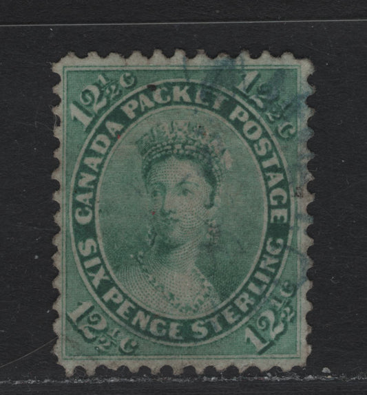 Lot 334A Canada #18a 12.5c Blue Green , 1859-1864 First Cents Issue, A Very Good Used Single, Cents-AAA Paper, Perf 12, Light Creases on Every Corner Except LL.
