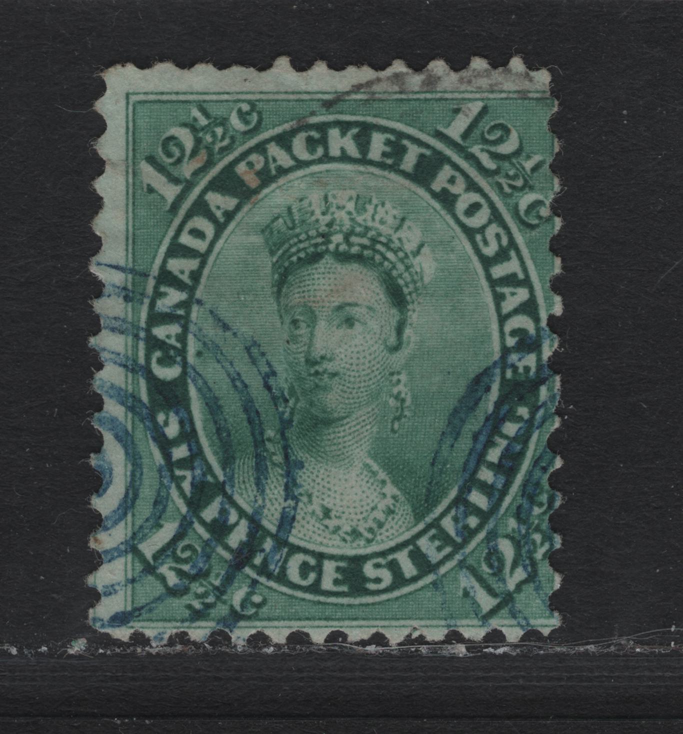 Lot 335 Canada #18a 12.5c Blue Green , 1859-1864 First Cents Issue, A Very Good Used Single, Cents A Paper, Perf 12, Two Blue Target Cancel Strikes.