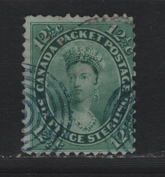 Lot 335 Canada #18a 12.5c Blue Green , 1859-1864 First Cents Issue, A Very Good Used Single, Cents A Paper, Perf 12, Two Blue Target Cancel Strikes.