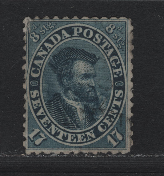 Lot 336 Canada #19a 17c Slate Blue , 1859-1864 First Cents Issue, A Very Good Used Single, Cents-FFF Paper, Perf 11.75, UL Corner is Expertly Repaired.
