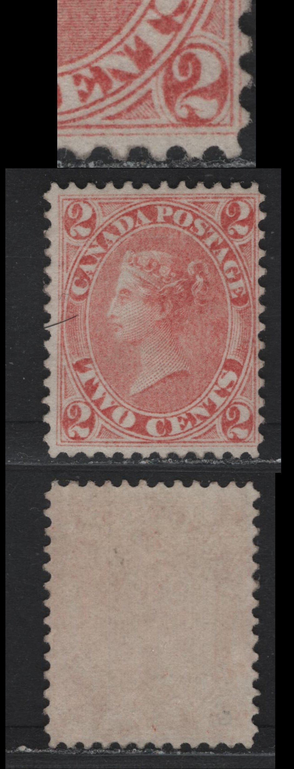 Lot 338 Canada #20v 2c Rose , 1859-1864 First Cents Issue, A Fine Regummed Single, Cents-V Paper, Perf 12x11.75, First Printing, Showing The 'Dash In Lower Right 2' Variety.