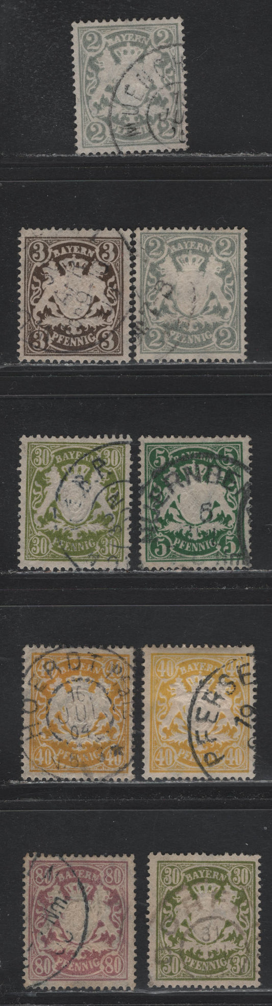 Lot 36 Bavaria SC#58, 60, 62, 67-68, 71 2pf - 80pf Gray - Lilac , 1888-1900 Embossed Arms Issue, 8 Fine/Very Fine Used Singles, Perf 14x14.5, Includes 2 Shades Each of 2pf (Gray) & 40pf (Orange Yellow & Lemon)