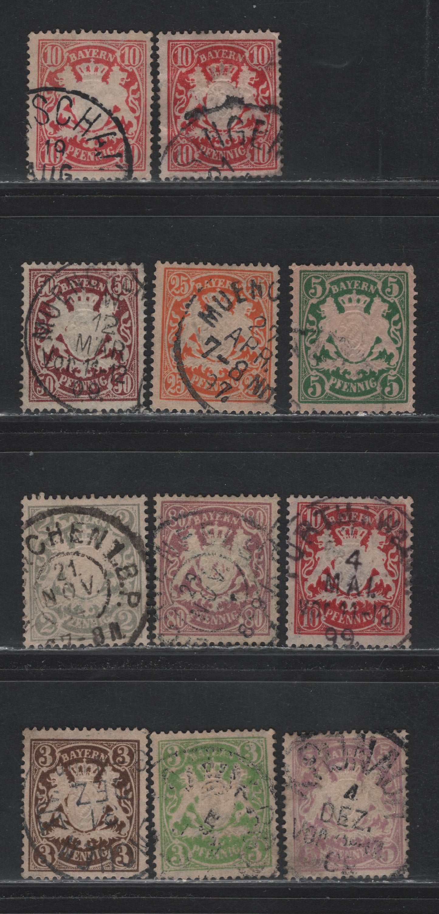 Lot 38 Bavaria SC#58a, 59, 60a, 61, 62a, 63a, 66a, 70a, 71a 2pf - 80pf Gray - Lilac , 1888-1899 Embossed Arms Issue, 11 Fine/Very Fine Used Singles, Toned Paper, Horizontal Wavy Lines Wmk, 3 Shades Of 10pf.
