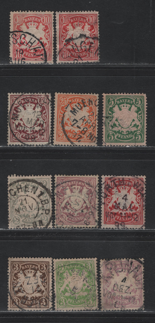 Lot 38 Bavaria SC#58a, 59, 60a, 61, 62a, 63a, 66a, 70a, 71a 2pf - 80pf Gray - Lilac , 1888-1899 Embossed Arms Issue, 11 Fine/Very Fine Used Singles, Toned Paper, Horizontal Wavy Lines Wmk, 3 Shades Of 10pf.