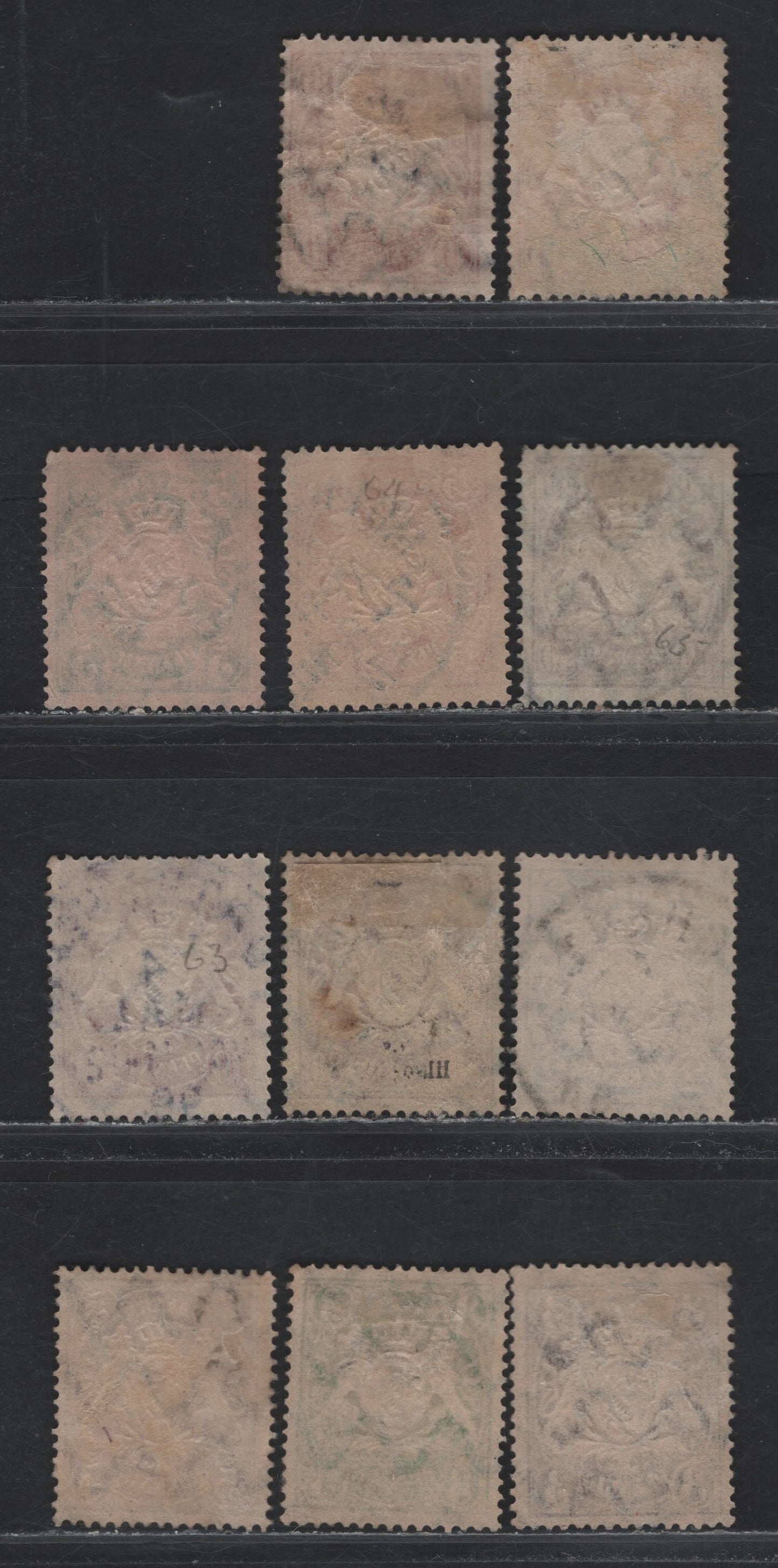 Lot 38 Bavaria SC#58a, 59, 60a, 61, 62a, 63a, 66a, 70a, 71a 2pf - 80pf Gray - Lilac , 1888-1899 Embossed Arms Issue, 11 Fine/Very Fine Used Singles, Toned Paper, Horizontal Wavy Lines Wmk, 3 Shades Of 10pf.