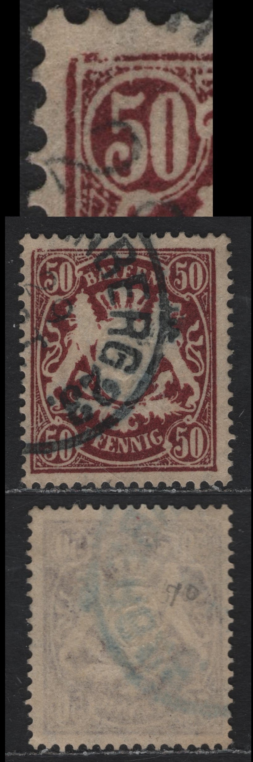 Lot 39 Bavaria SC#70a (Michel# 59Bvar) 50pf Maroon , 1888-1899 Embossed Arms Issue, A Very Fine Used Single, Toned Paper, Showing Frame Break At Upper Left