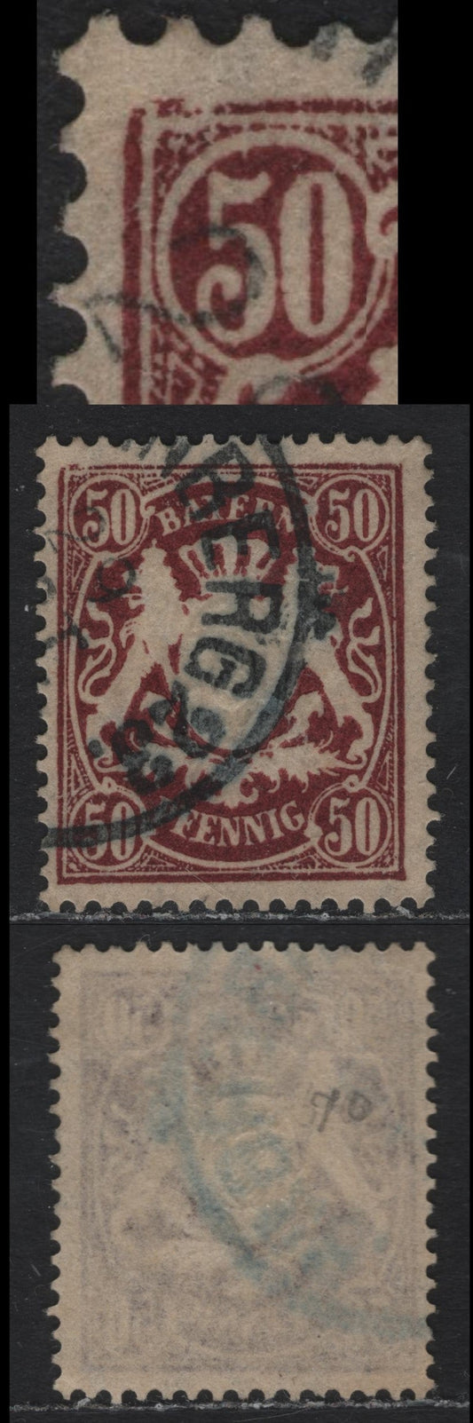 Lot 39 Bavaria SC#70a (Michel# 59Bvar) 50pf Maroon , 1888-1899 Embossed Arms Issue, A Very Fine Used Single, Toned Paper, Showing Frame Break At Upper Left
