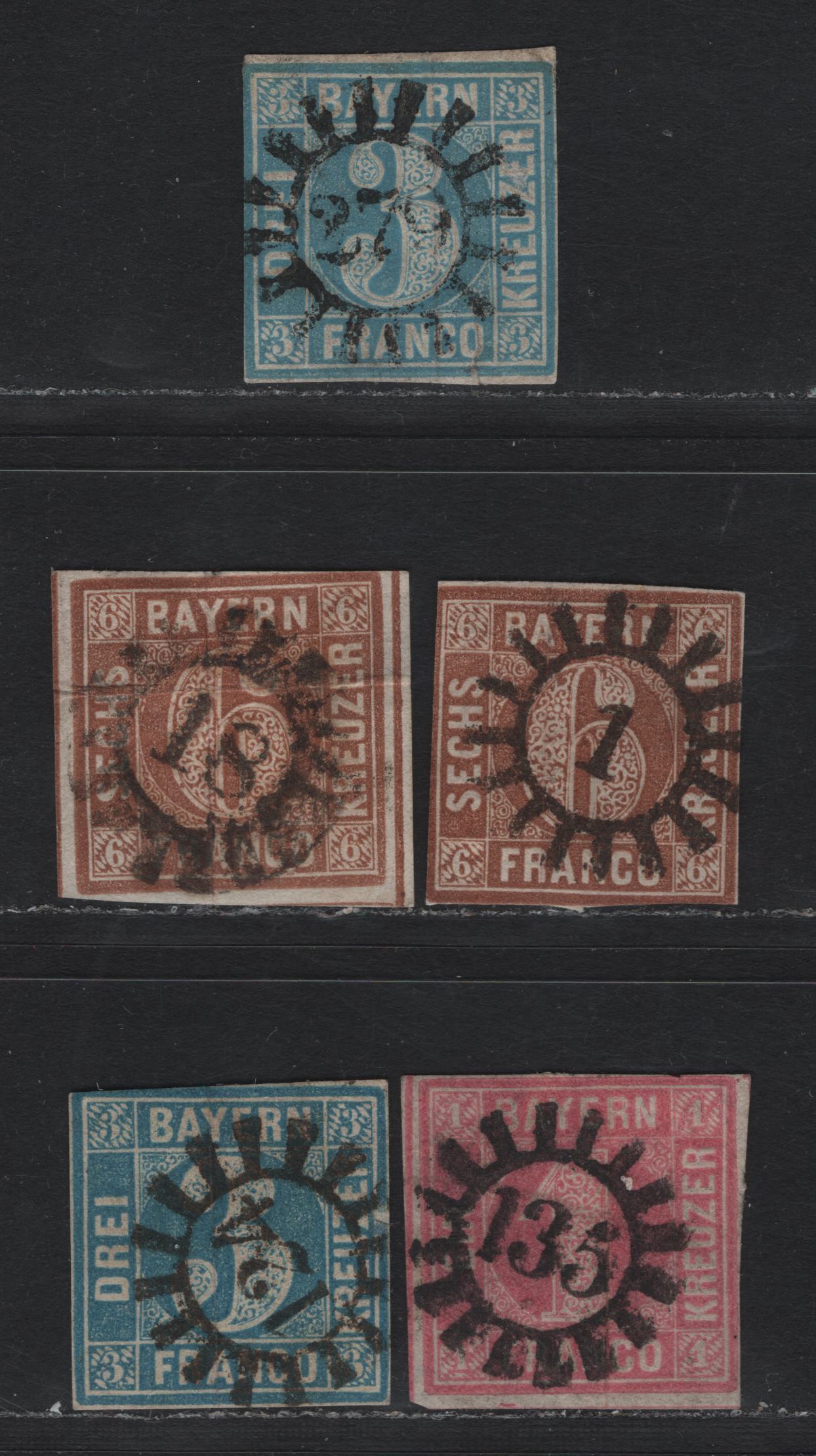 Lot 4 Bavaria SC#2, 4-5 (Michel# 2II5, 4III, 3Ia) 3kr - 1kr Pale Blue - Pink , 1849-1858 Numeral Issue, 5 Ungraded Used Singles, Plates 5, 2 & 1, Various Closed Millwheel Cancels