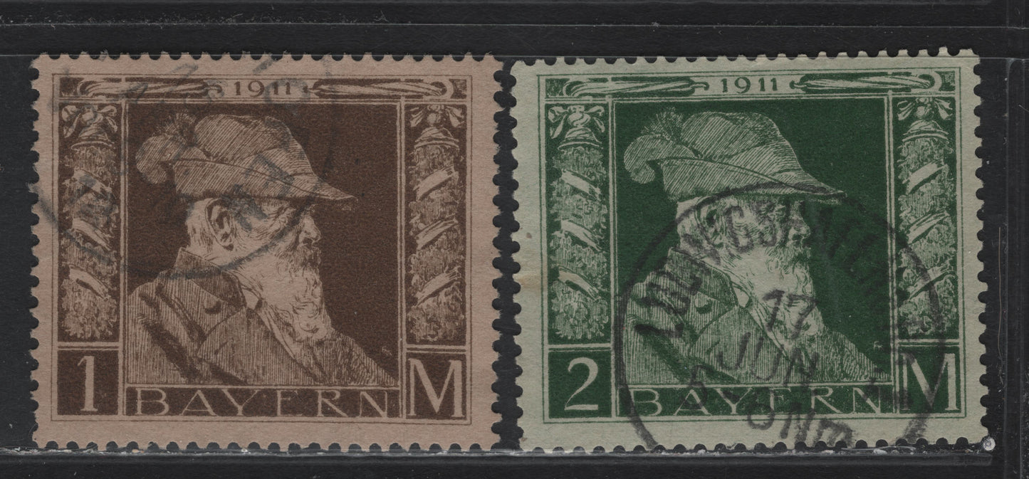 Lot 42 Bavaria SC#86-87 (Michel# 86I, 87I) 1m - 2m Brown on Gray Brown - Dark Green on Green , 1911 Prince Regent Luitpold, 2 Fine Used Singles, Both Type I Instead Of the More Common Type 2, Postal Cancels