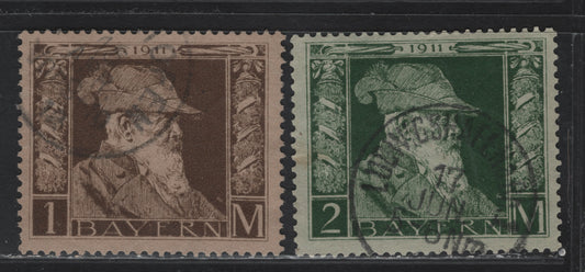 Lot 42 Bavaria SC#86-87 (Michel# 86I, 87I) 1m - 2m Brown on Gray Brown - Dark Green on Green , 1911 Prince Regent Luitpold, 2 Fine Used Singles, Both Type I Instead Of the More Common Type 2, Postal Cancels