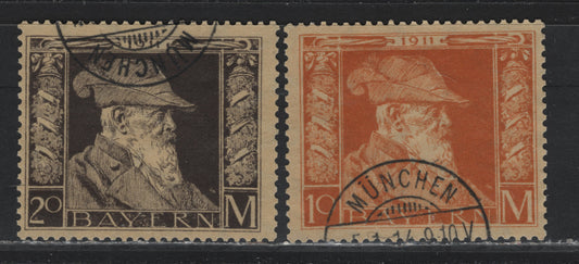 Lot 44 Bavaria SC#90-91 (Michel# 90I, 91I) 10m - 20m Orange on Yellow - Black Brown on Yellow , 1911 Prince Regent Luitpold, 2 Fine/Very Fine Used Singles, Both Type 1, Accounting Cancels