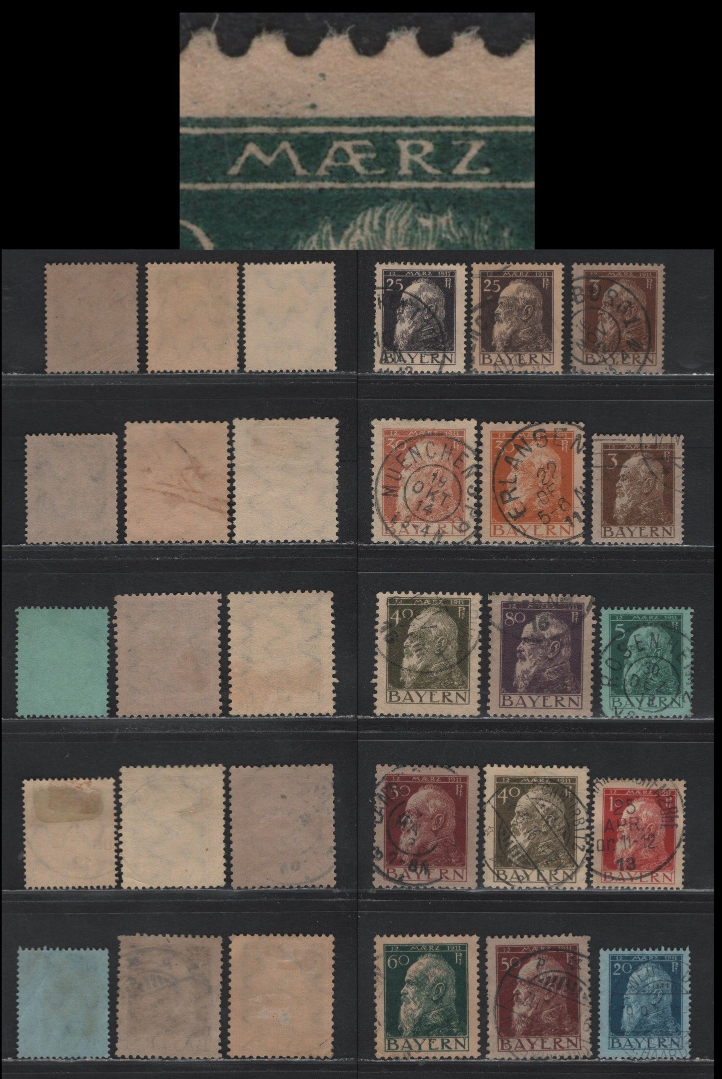Lot 45 Bavaria SC#77-85 (Michel# 76II-78II, 80II-82II, 84II-85II, 79IIa, 84Aii) 3pf - 80pf Brown on Gray Brown - Violet Green on Gray Brown , 1911 Prince Regent Luitpold, 10 Fine/Very Fine Used Singles, Type 2, Bolder MAERZ & With Long Center Bar to E