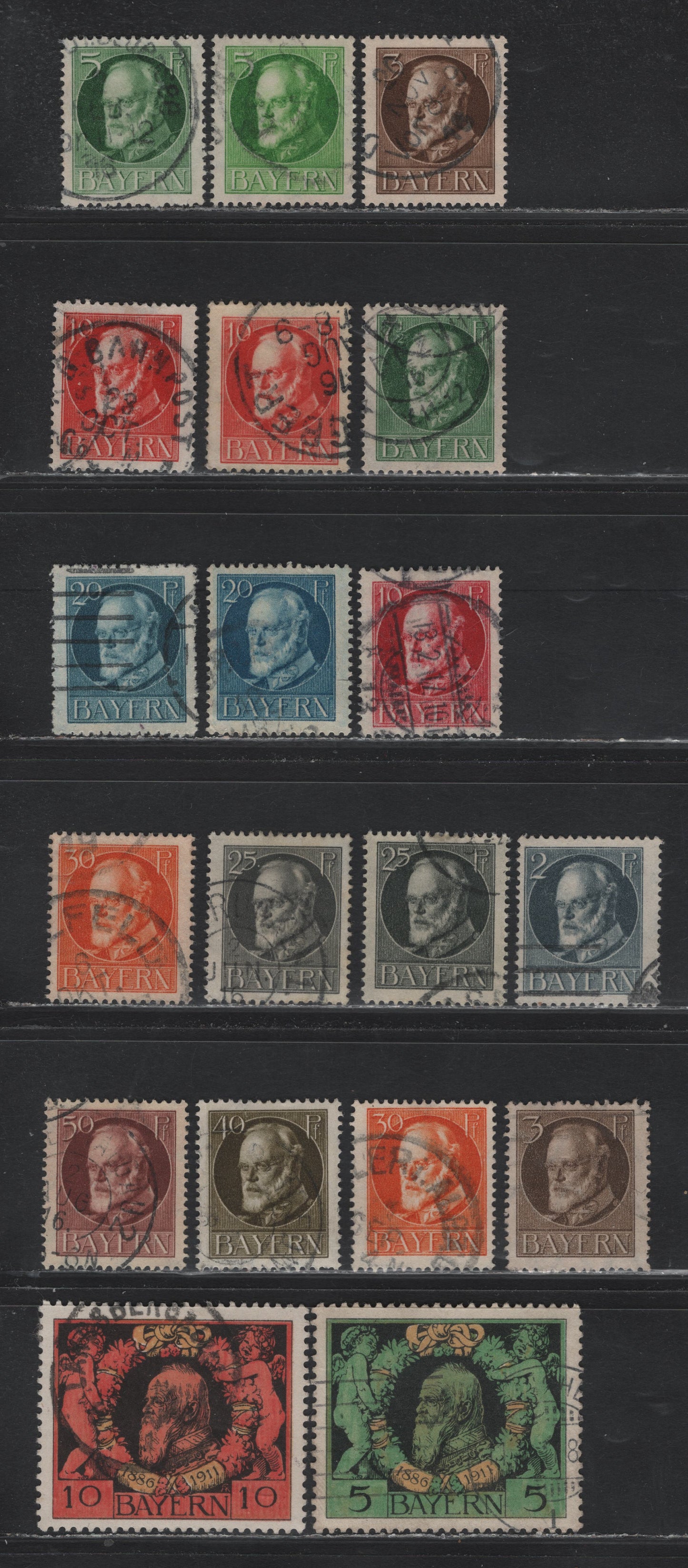 Lot 48 Bavaria SC#92-99, 102-106 (Michel# 92A-B, 04IIA/101IIA, 110A/114A) 5pf - 50pf Green, Yellow & Black - Red Brown , 1911-1920 Silver Jubilee Of Prince Regent Luitpold - Prince Ludwig III Issues, 14 Fine/Very Fine Used Singles