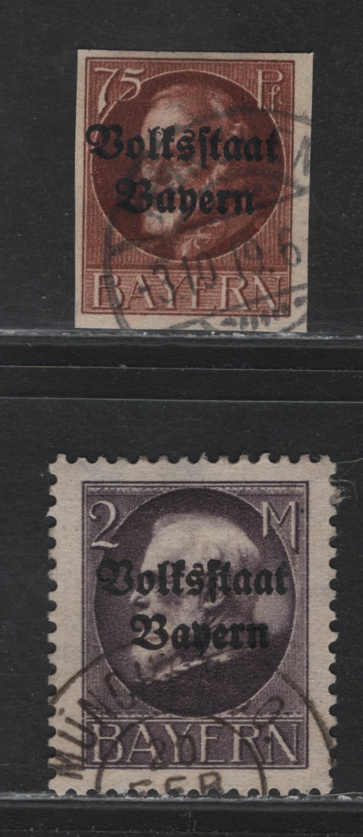 Lot 50 Bavaria SC#151, 168 (Michel# 129IIA, 135IIB) 75pf - 2m Red Brown - Violet , 1914-1920 Prince Ludwig III Issue, 2 Fine/Very Fine Used Singles