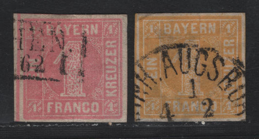 Lot 5 Bavaria SC#4, 9 (Michel# 3Ia, 8I) 1kr Light Pink - Yellow , 1850-1862 Numeral Issue, 2 Very Fine Used Singles, Plates 1 (Rounded Corners) & 2 (Square Corners)