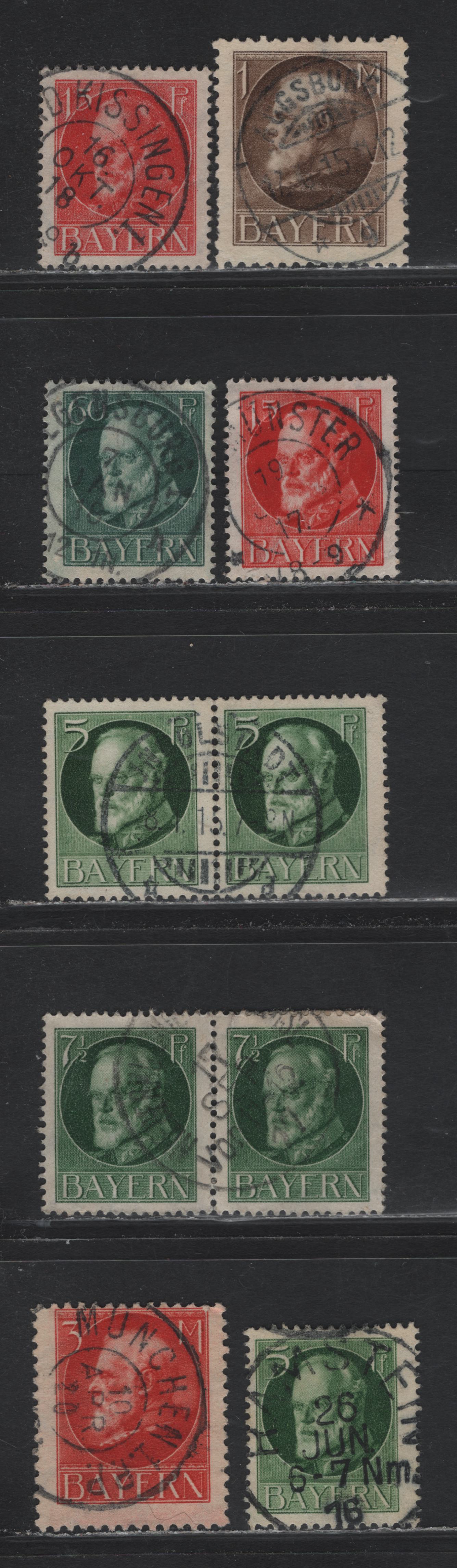 Lot 51 Bavaria SC#96a, 97, 100, 107, 109, 111 (112A, 113A, 115Aa, 102IIa, 104IIA, 106IIa) 5pf - 3m Dark Green - Scarlet , 1914-1920 Prince Ludwig III Issue, 6 Fine/Very Fine Used Pairs, Wartime Printings With Different SON Postal Cancels