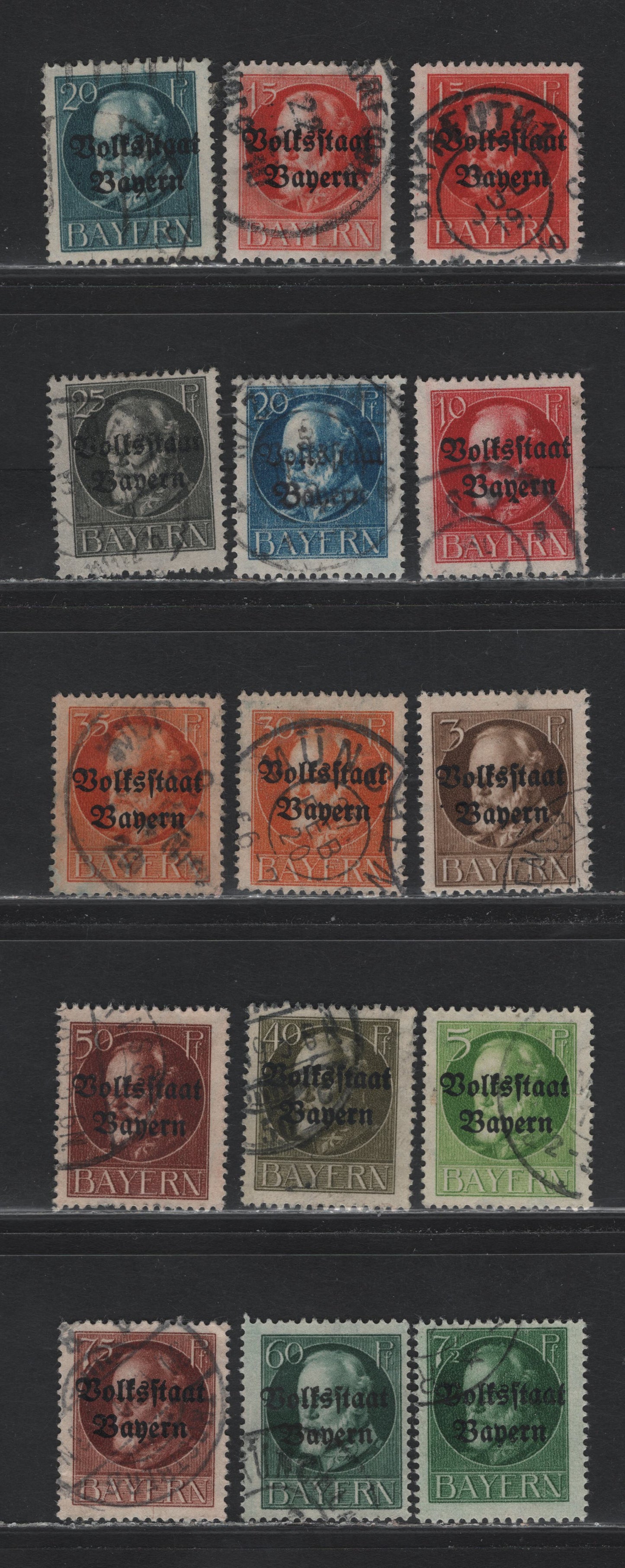 Lot 52 Bavaria SC#136-148 (116IIA-126IIA, 134IIA, 135IIA) 3pf - 75pf Brown - Red Brown , 1919 Plebisate Overprinted Issue, 13 Fine/Very Fine Used Singles, Postal Cancels