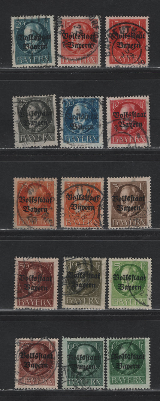 Lot 52 Bavaria SC#136-148 (116IIA-126IIA, 134IIA, 135IIA) 3pf - 75pf Brown - Red Brown , 1919 Plebisate Overprinted Issue, 13 Fine/Very Fine Used Singles, Postal Cancels