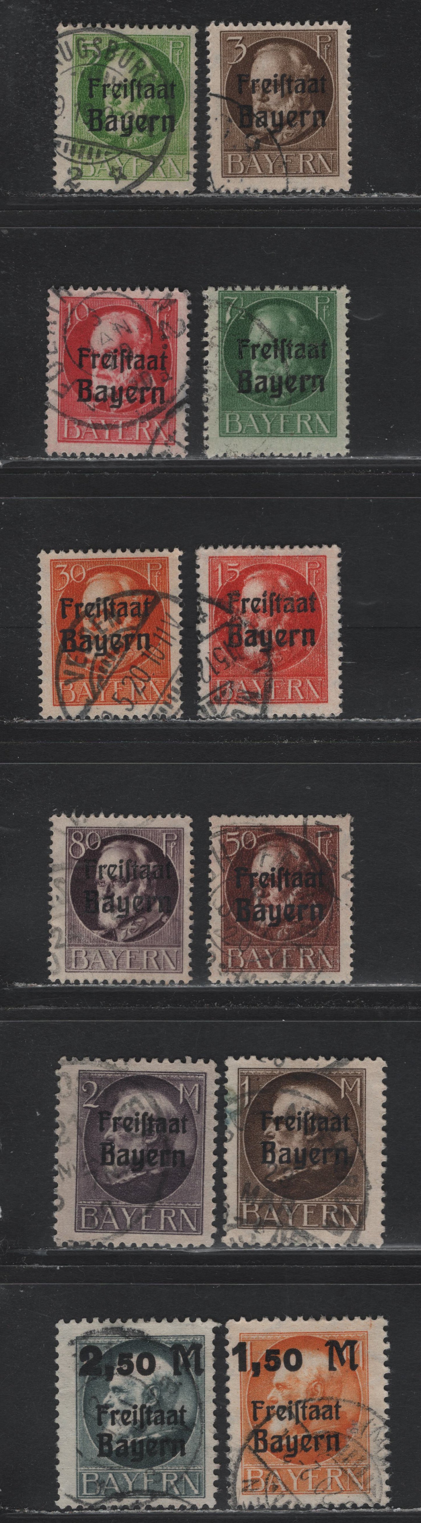 Lot 56 Bavaria SC#193/207, 232-233 (152A/166A, 175A/176A) 3pf - 2.5m on 1m Brown - Gray , 1919-1920 Free State Overprinted Issue, Fine/Very Fine Used Singles
