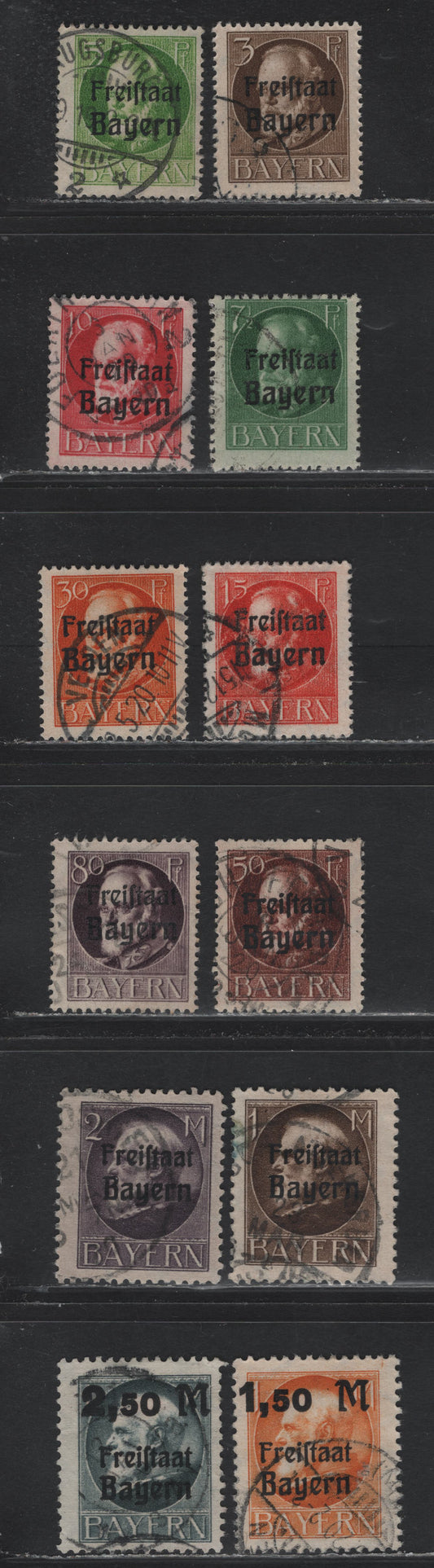 Lot 56 Bavaria SC#193/207, 232-233 (152A/166A, 175A/176A) 3pf - 2.5m on 1m Brown - Gray , 1919-1920 Free State Overprinted Issue, Fine/Very Fine Used Singles