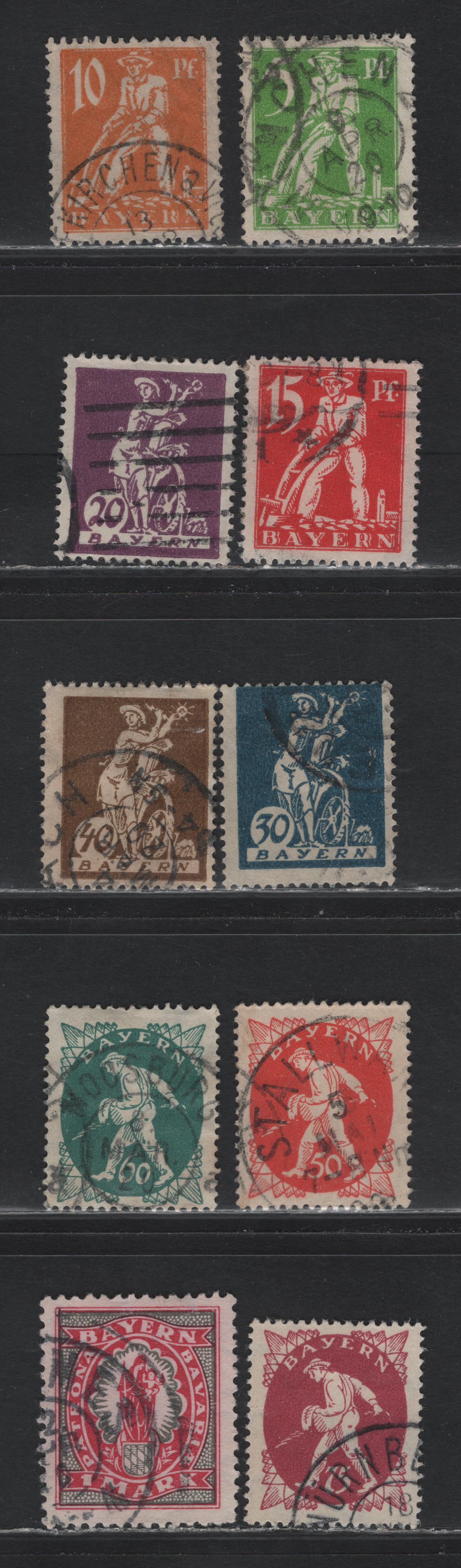 Lot 57 Bavaria SC#238/247 5pf - 1m Carmine & Gray , 1920 Plowman, Sower & Madonna/Child Issue, Fine/Very Fine Used Singles, Postal Cancels