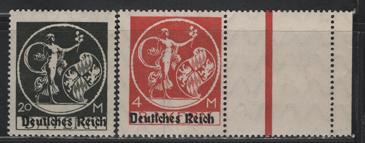 Lot 61A Bavaria SC#272, 275 (135I, 138I) 4m - 20m Dull Red - Greenish Black , 1920 Deutches Reich Overprinted Plowman, Sower & Madonna Issue, 2 F/VFOG Singles