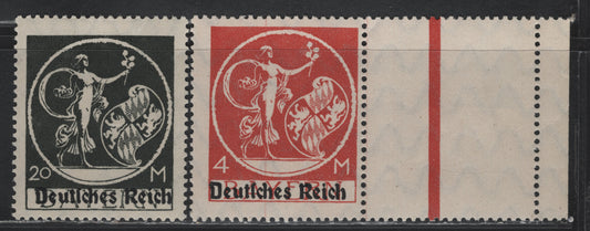 Lot 61A Bavaria SC#272, 275 (135I, 138I) 4m - 20m Dull Red - Greenish Black , 1920 Deutches Reich Overprinted Plowman, Sower & Madonna Issue, 2 F/VFOG Singles